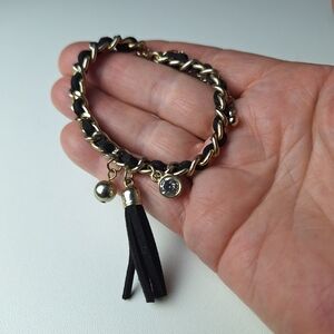 Faux Black Suede Woven With Goldtone Chain Bracelet Rhinestone And Tassel 7"+2"